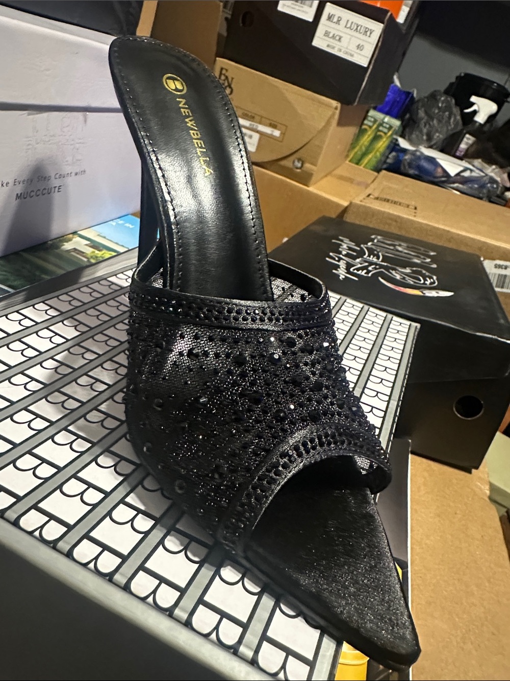 Newbella Black Beaded Open-Toe Mule Heel